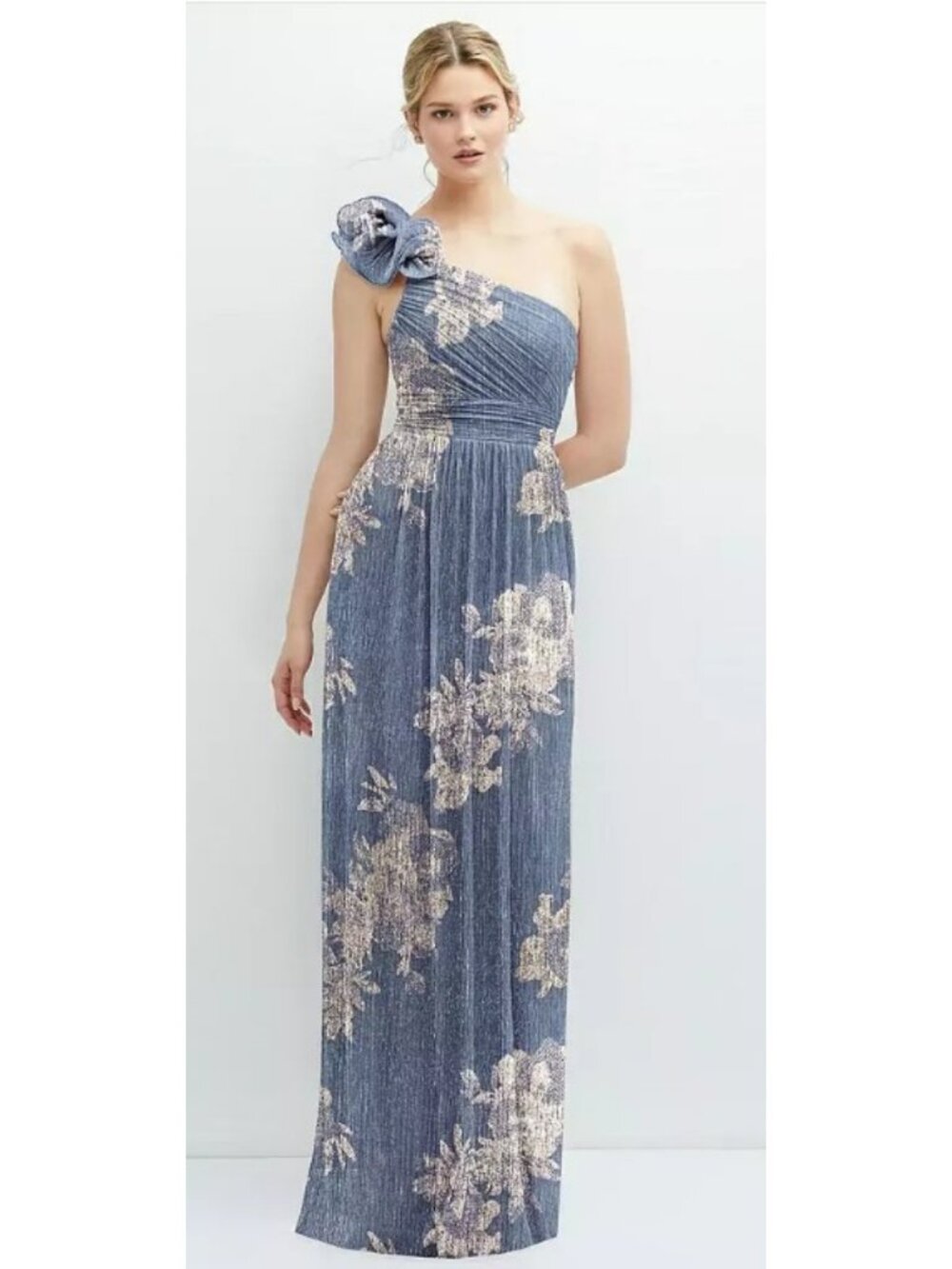 Dessy French Blue & Gold Floral One Shoulder Lightweight Shimmery Formal Dress